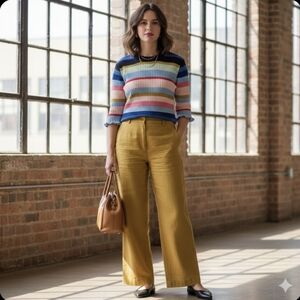 H&M Rainbow Knit Sweater 2 Striped Ribbed Short Sleeve Ruffle Retro 90s 70s Y2K